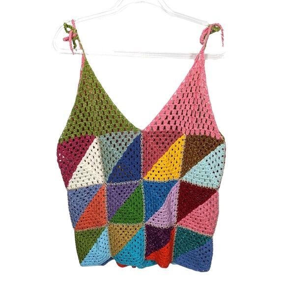 Rose Carmine Granny Square Crochet Multicolor Tank Top Tie Shoulder Cotton - Picture 6 of 9